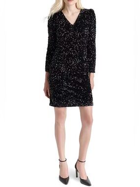 DKNY by Donna Karan Velvet Sequin V-Neck Long Sleeve Shift Dress Size 2 NWT